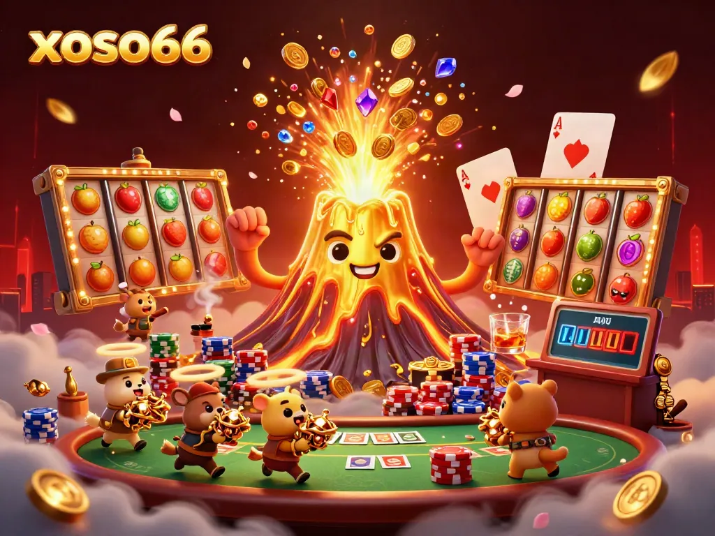 Experience excitement at xoso66 with a vivid illustration of a golden volcano erupting with treasures amidst a dynamic casino scene.