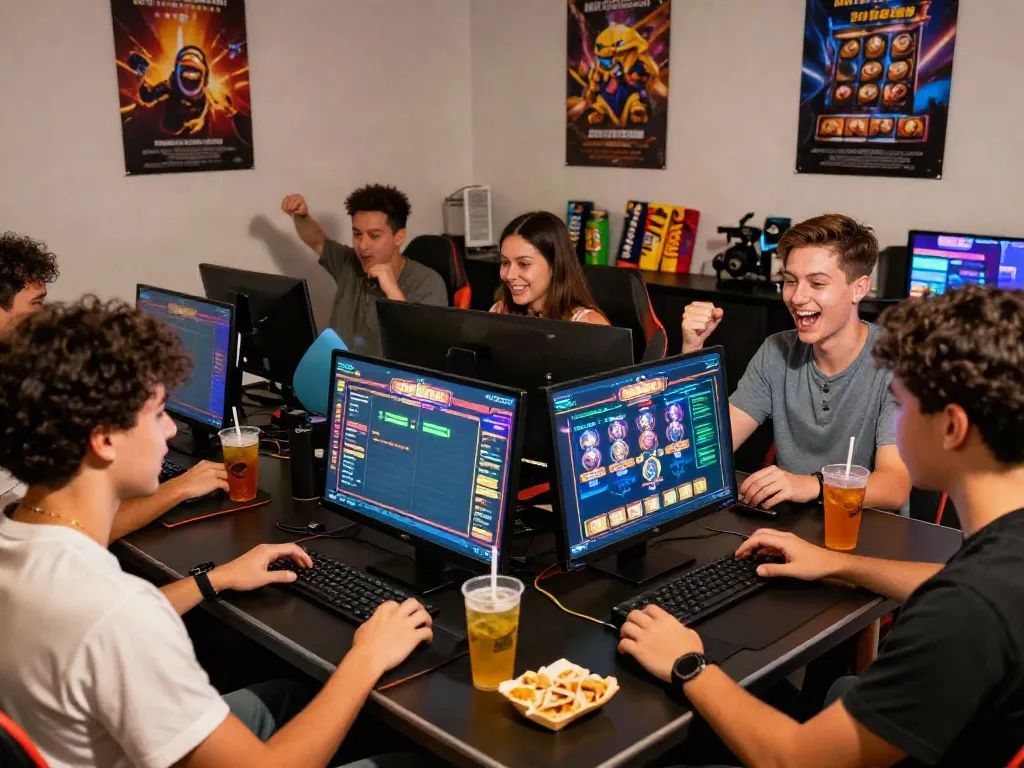 Friends enjoying a thrilling slot gacor hari ini gaming session together at a stylish gaming table.