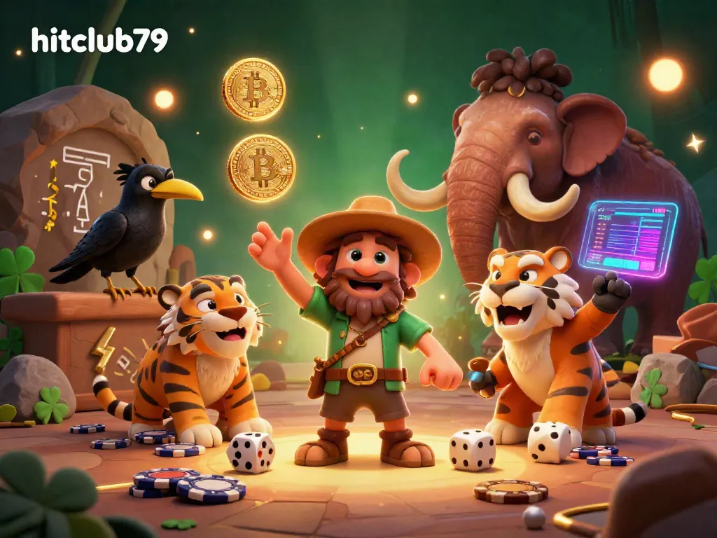Experience exciting gameplay at hitclub79 with a prehistoric casino scene featuring caveman and sabertooth tiger.