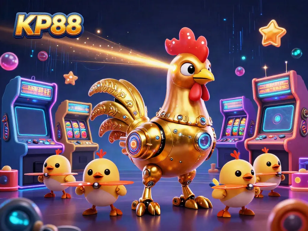 Engage with KP88's golden rooster robot blasting golden patterns amidst colorful arcade games and slot elements.