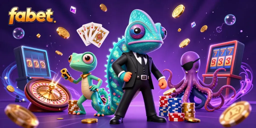 Experience the excitement of fabet with a high-energy casino scene featuring a secret agent chameleon, gecko, and villainous octopus.