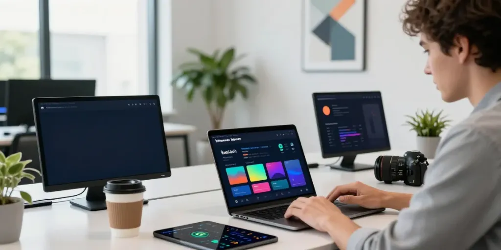 Cryptocurrency wallet user managing PulseChain transactions on https://internet-money.co in a bright office.