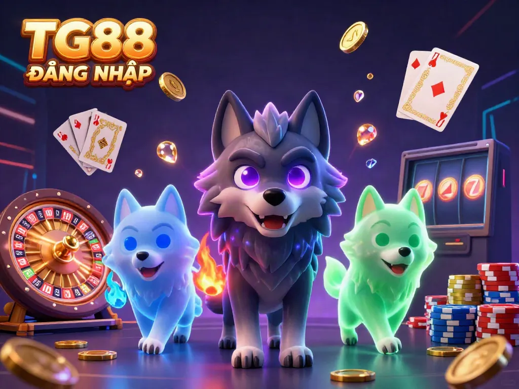 Experience the thrill of TG88 ĐĂNG NHẬP with an exciting casino scene featuring glowing wolves, cards, and coins.