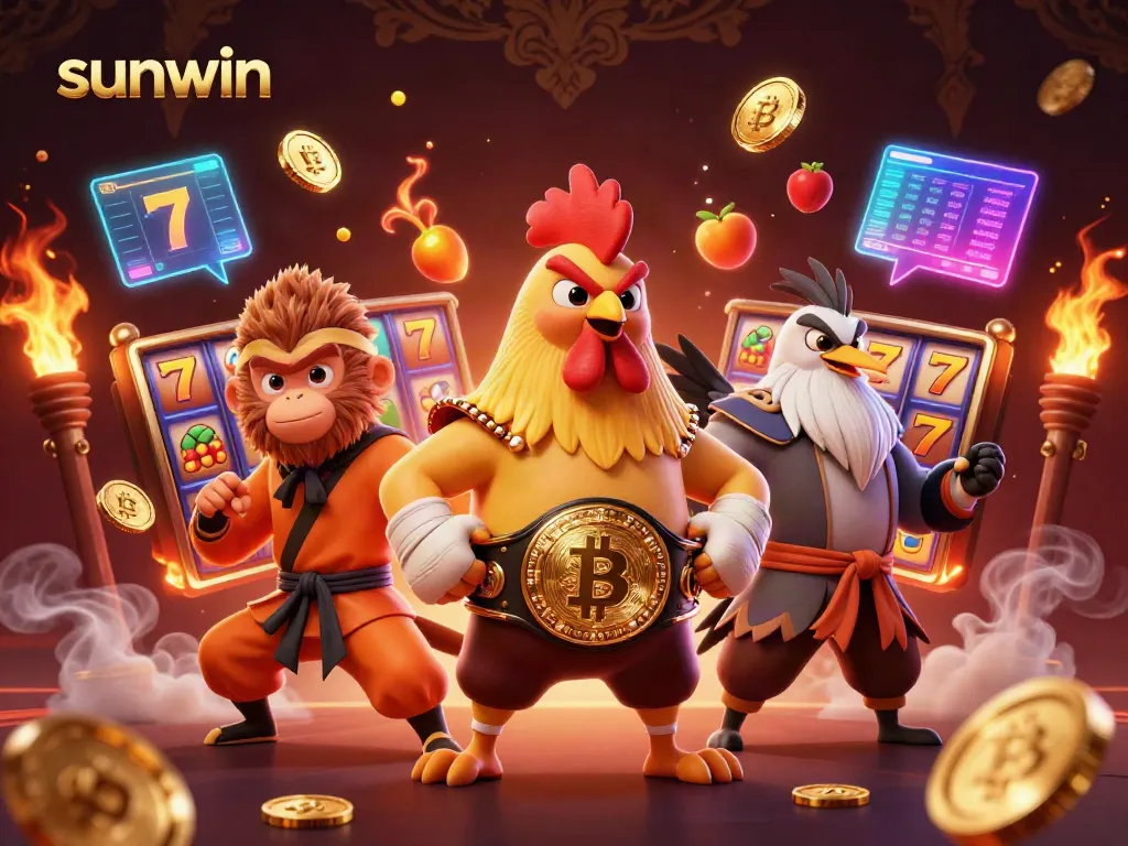 Engage in thrilling gameplay at sunwin with vibrant slot reels and characters in a dynamic casino scene.