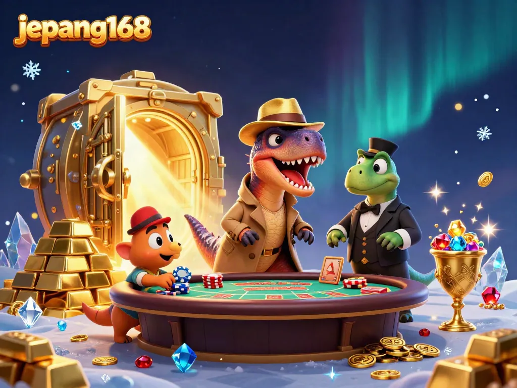 Engage in thrilling gameplay at Jepang168 with a mischievous velociraptor card counter and vibrant casino elements.