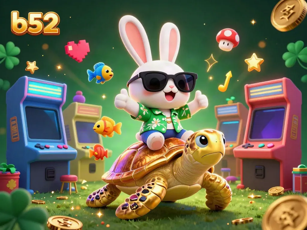 Spin the reels at b52 with the lucky rabbit and golden turtle in a vibrant casino scene.