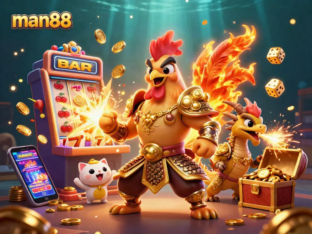 Experience man88's thrilling jackpots with a vibrant casino scene filled with unique characters and game elements.