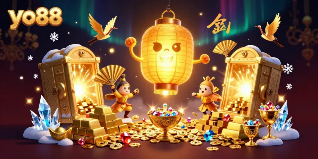 Experience the vibrancy of yo88 with golden treasures and festive casino characters.