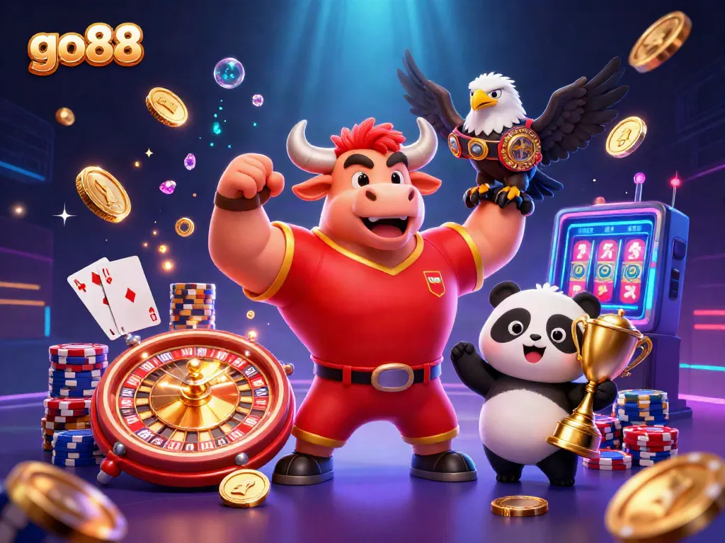Experience the thrill of go88 gaming with a victorious bull mascot, eagle, and panda amidst dazzling casino elements.