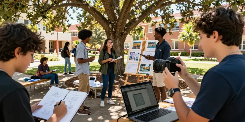 students collaborating on creative projects at university campus featuring super33