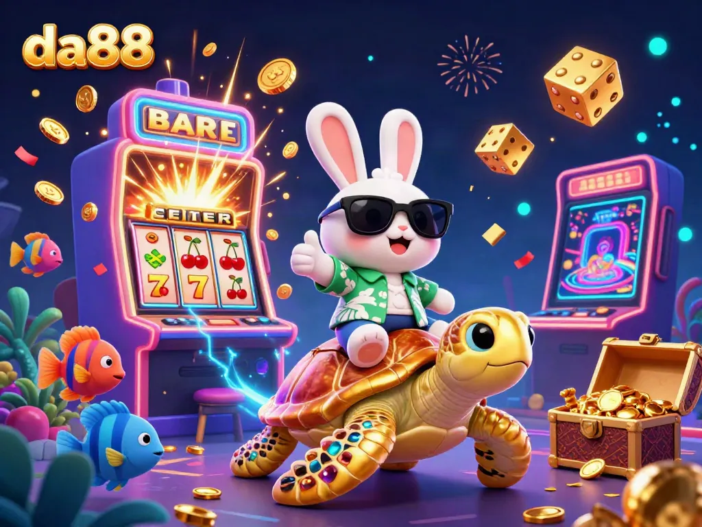 Experience the thrill of winning at da88 with a cartoon lucky rabbit and sea turtle in a vibrant casino scene.
