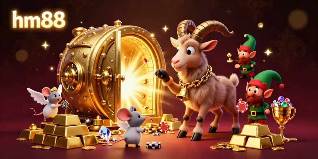 Engage in a vibrant holiday-themed casino experience with hm88, featuring cartoon characters in a bustling scene.