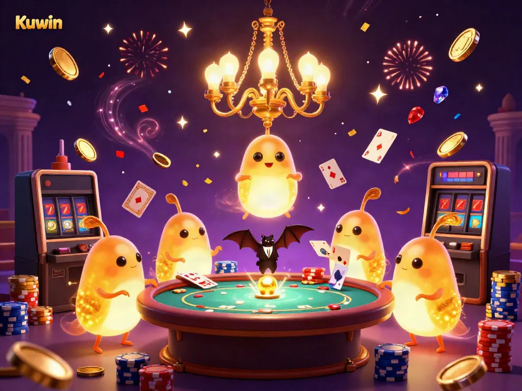 Kuwin's vibrant casino scene with glowing glowworms illuminating a poker table, showcasing exciting gaming elements.