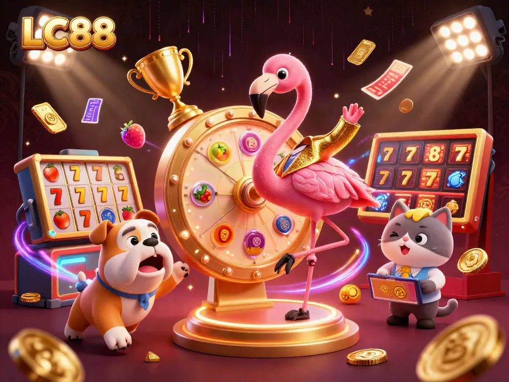 Experience thrilling moments with LC88's vibrant prize wheel, exciting game hosts, and dynamic slot elements.