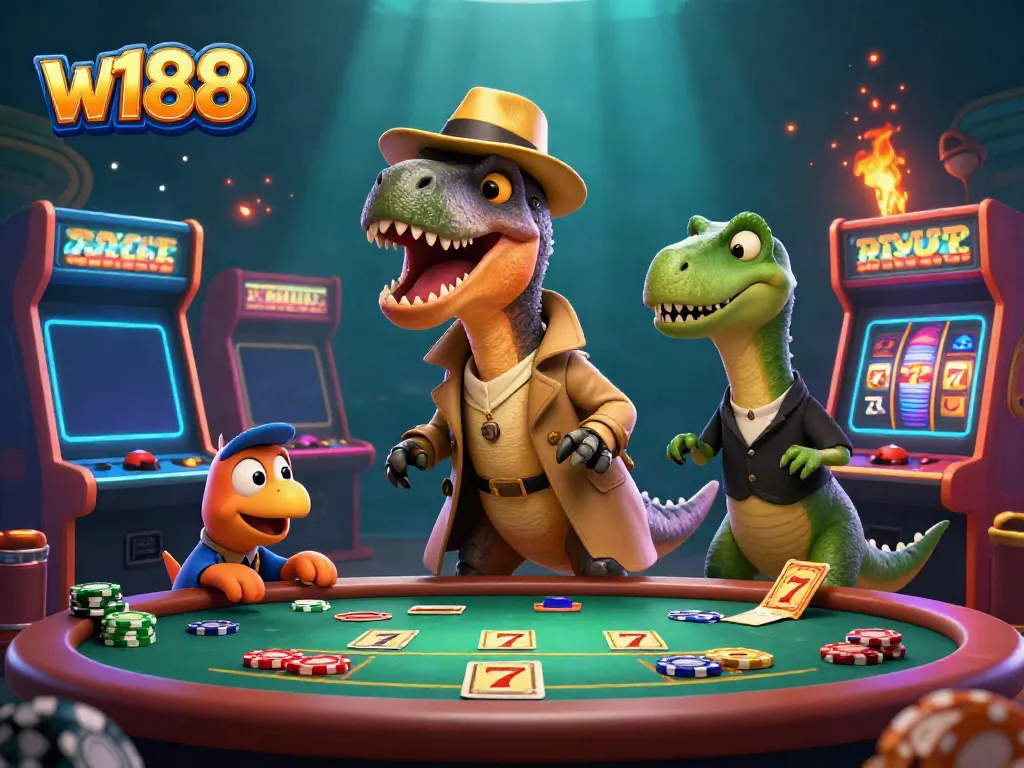 Experience exciting gaming with w188 as a velociraptor card counter blends in at a blackjack table amidst vibrant casino elements.