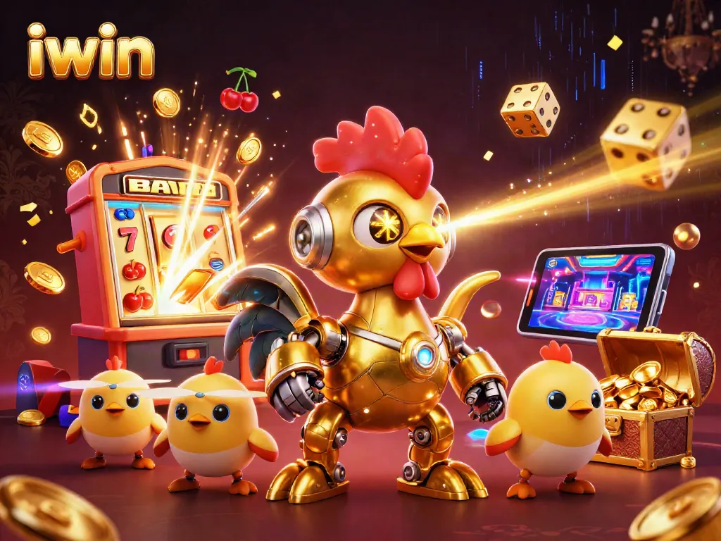 Experience iwin's vibrant casino world with golden rooster robot and exciting game elements.