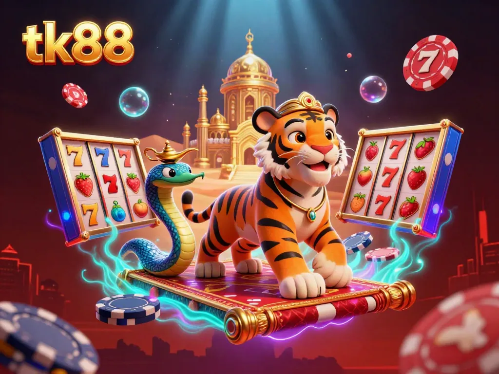 tk88 thrilling slot reels come alive with a magical sultan and colorful casino elements.