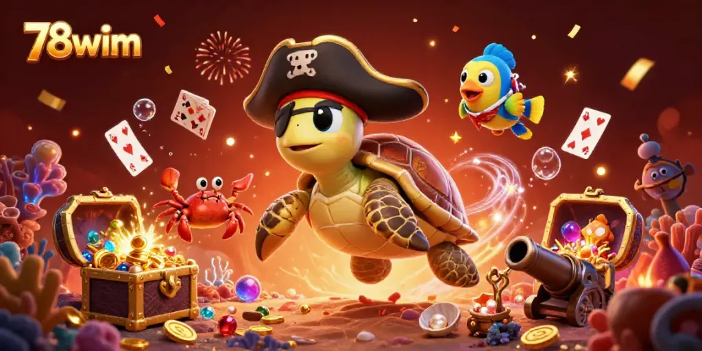 Engage in the excitement with 78wim as colorful cards and gold coins burst forth in a vibrant aquatic scene.
