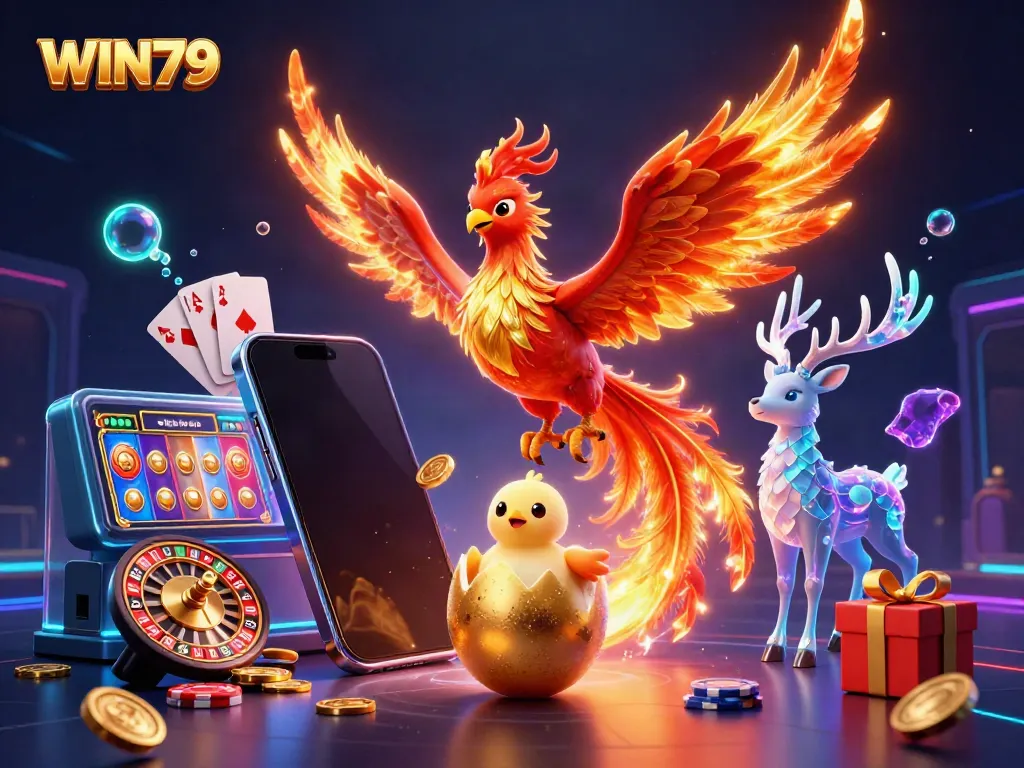 Experience the excitement of WIN79 with a vibrant 3D casino scene featuring dynamic gaming elements.