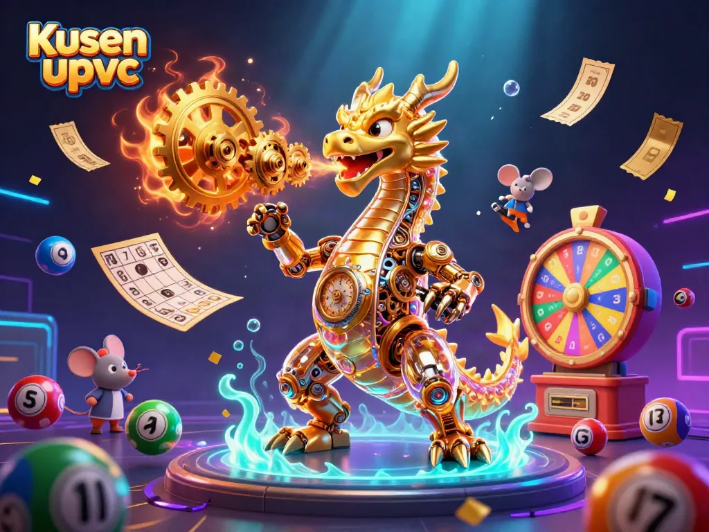 Engage with Kusen upvc as a vibrant dragon breathes golden gears, surrounded by exciting lottery elements.