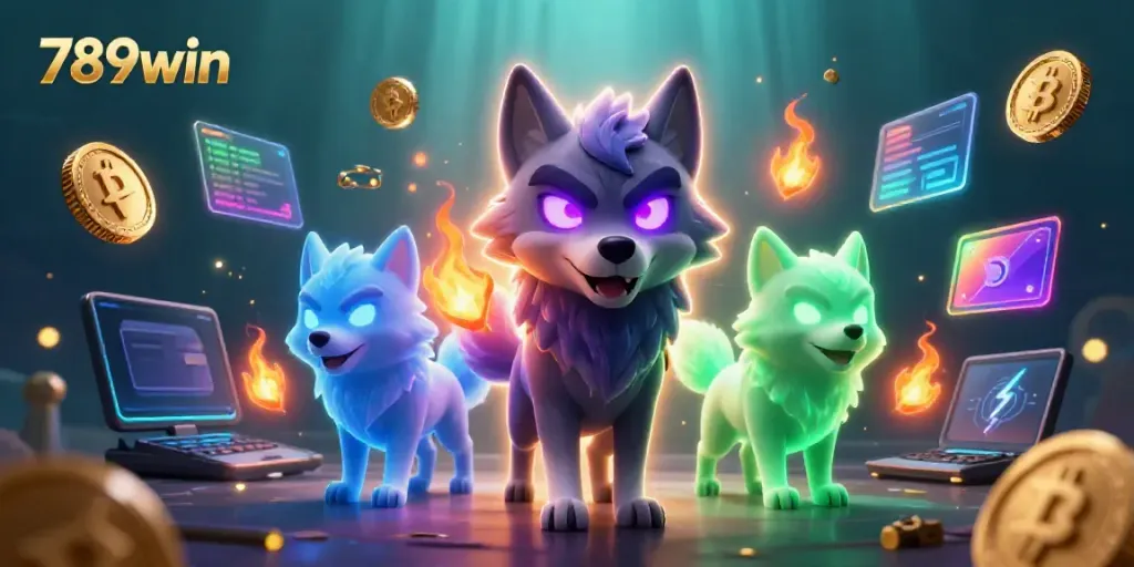 Bet on 789win with exciting visuals of wolves and crypto elements in a vibrant casino setting.