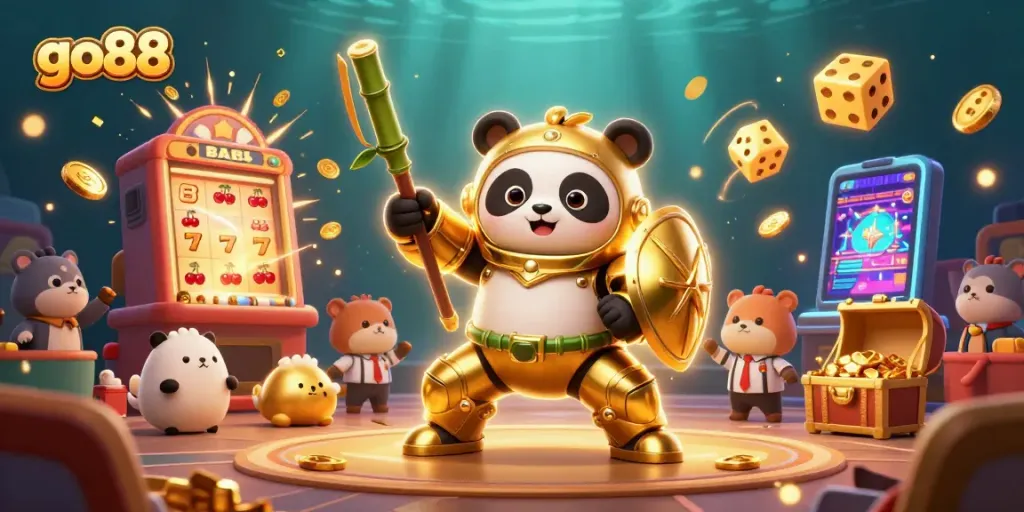 go88 gamers celebrate wins with a vibrant 3D casino scene featuring jackpots and colorful slots.