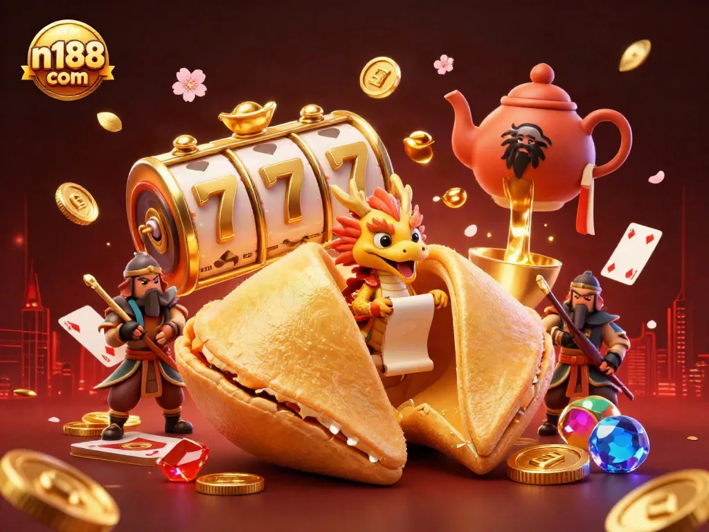 Experience exciting online gaming adventures at n188 com with a stunning 3D scene filled with fortune cookies and gems.