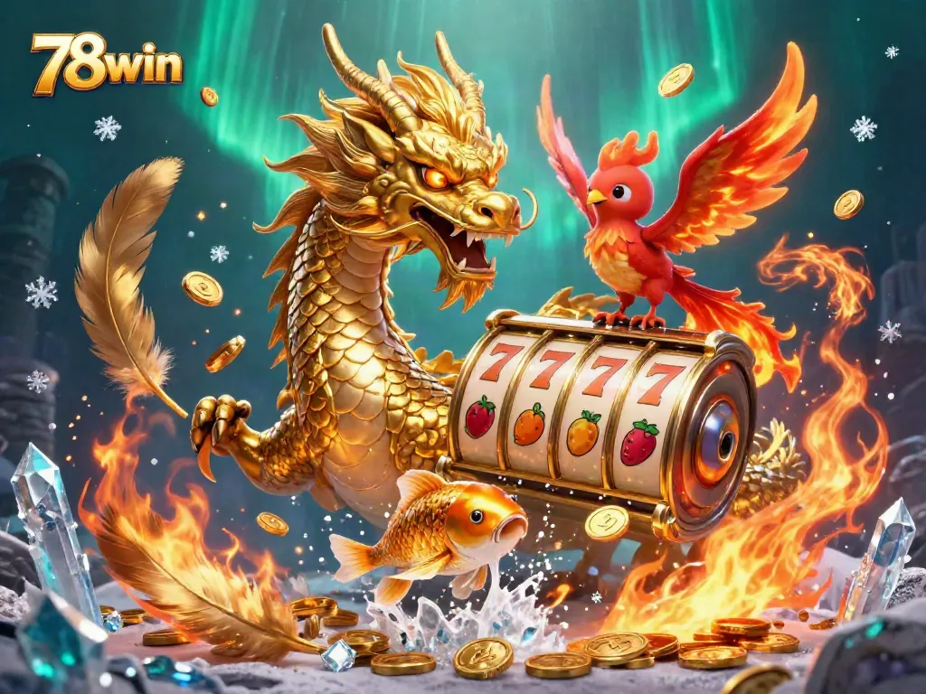 Experience the excitement of 78win with a fierce dragon and lucky symbols in a vibrant casino setting.