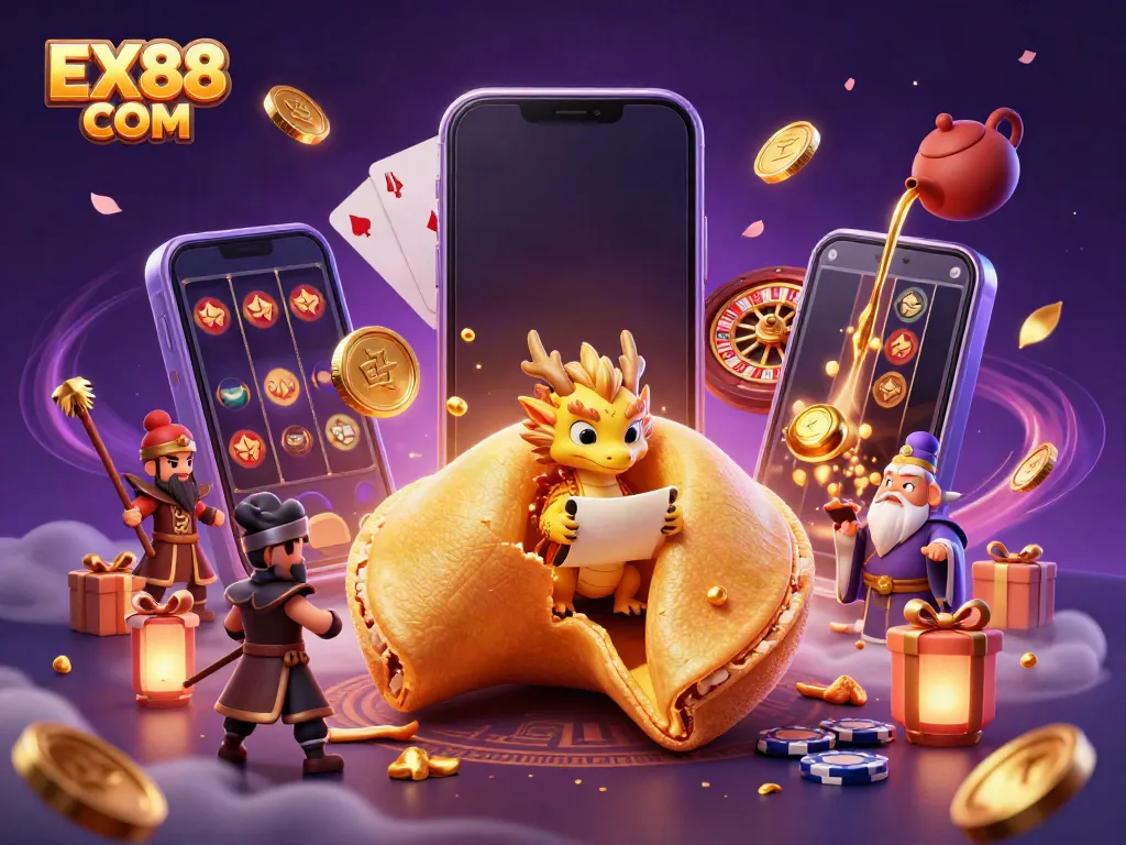 Experience thrilling wins with EX88 COM in this vibrant 3D casino scene showcasing fortune cookies and gaming elements.