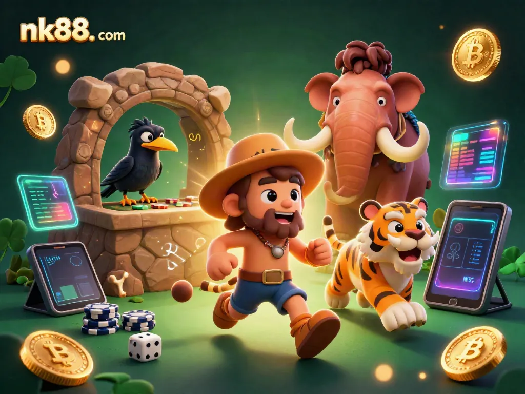 Engage in thrilling games at nk88. com with prehistoric casino characters, golden coins, and vibrant action.