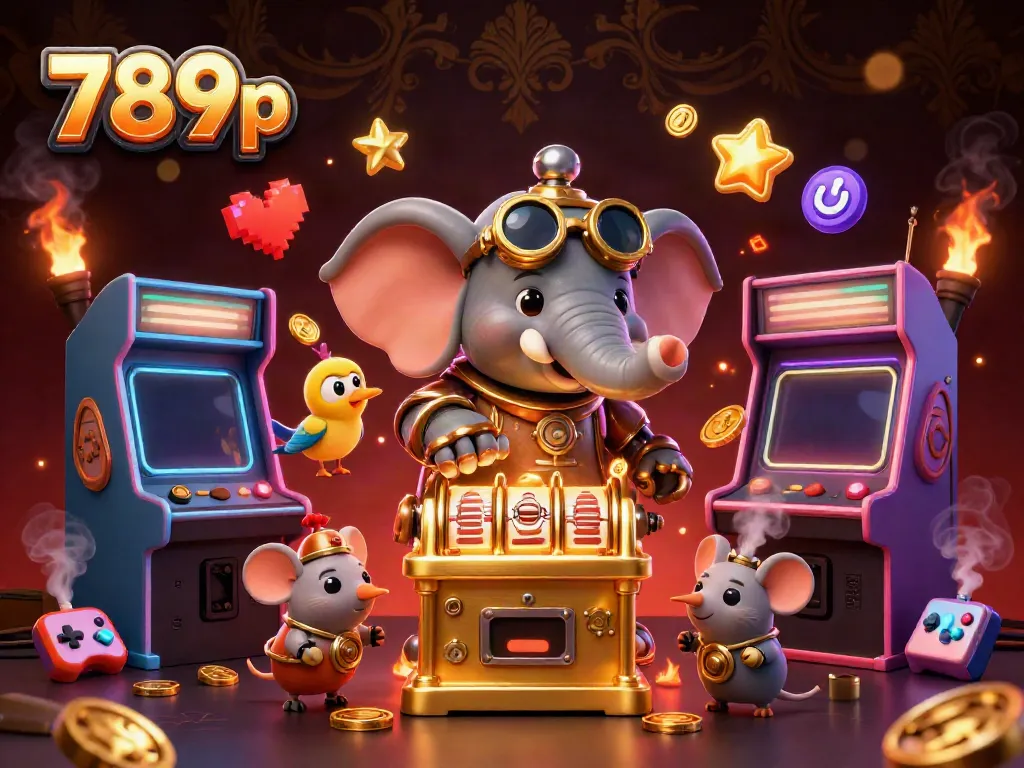 Engage with 789p's vibrant 3D casino scene featuring an elephant engineer and a jackpot slot machine.