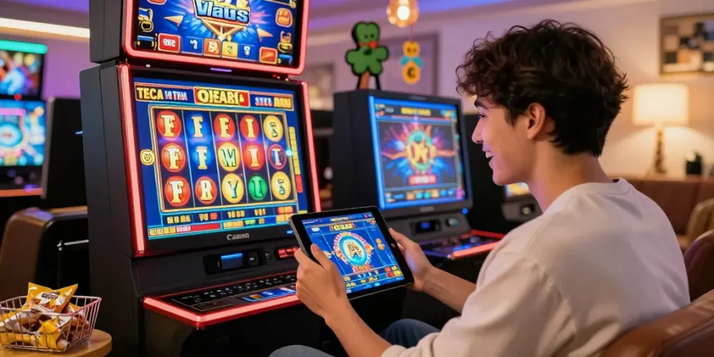 Player enjoying an exciting situs gacor online slot game on a tablet in a cozy living room.