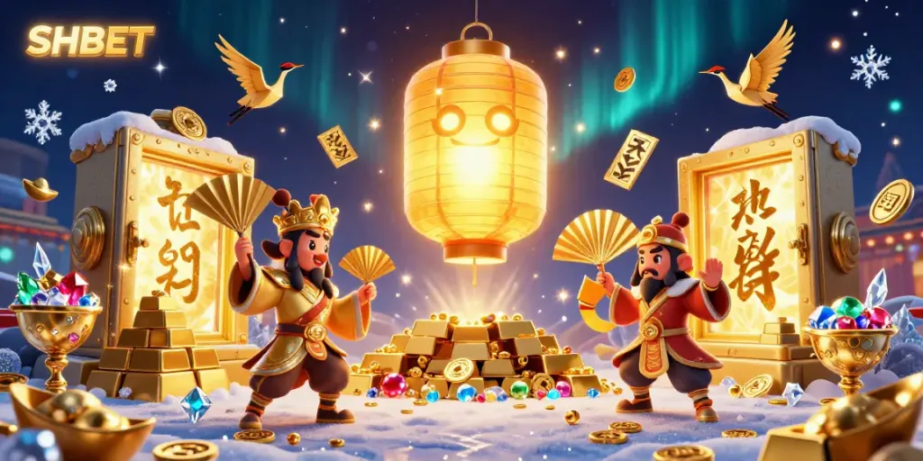 Experience SHBET's vibrant online casino world featuring a golden lantern spirit and lucky symbols.