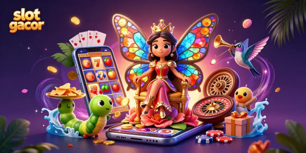 Experience spinning slot games with slot gacor themed fantasy illustration featuring a butterfly queen and vibrant casino elements.
