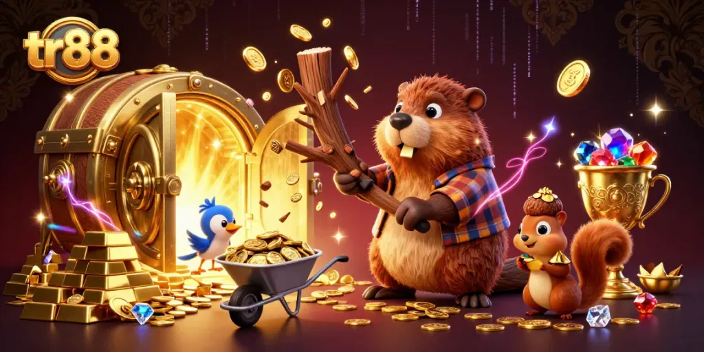 Chart high rewards with tr 88 as beavers collect coins from a golden tree in a vibrant casino scene.