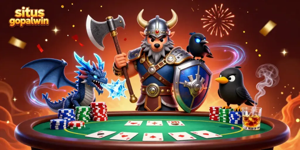 Engage in thrilling gameplay at situs gopalwin with a Viking wolf warrior and fierce dragon showcasing poker elements.
