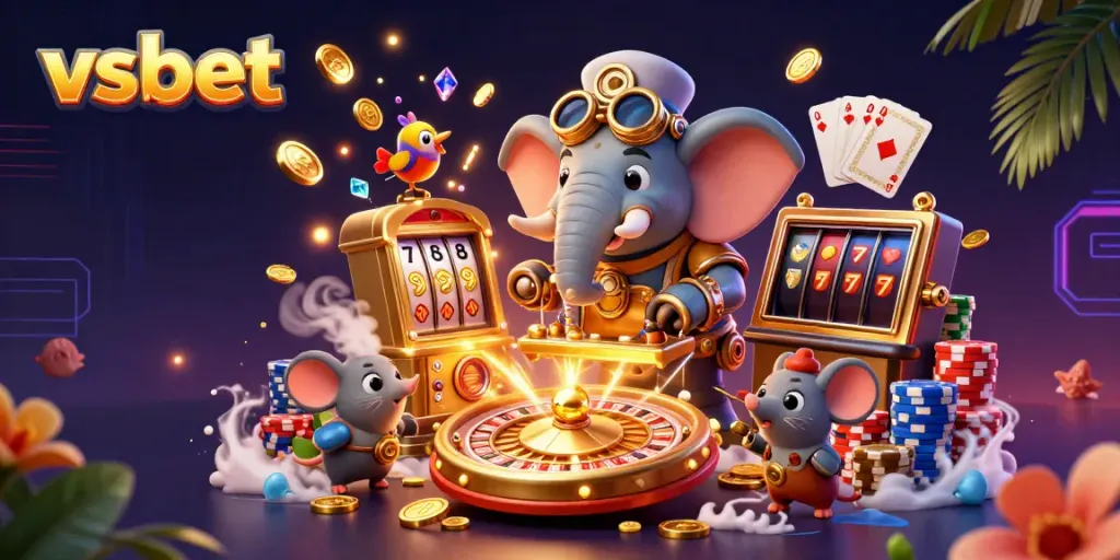 Spin the reels at vsbet with a steampunk elephant engineer operating a golden slot machine.