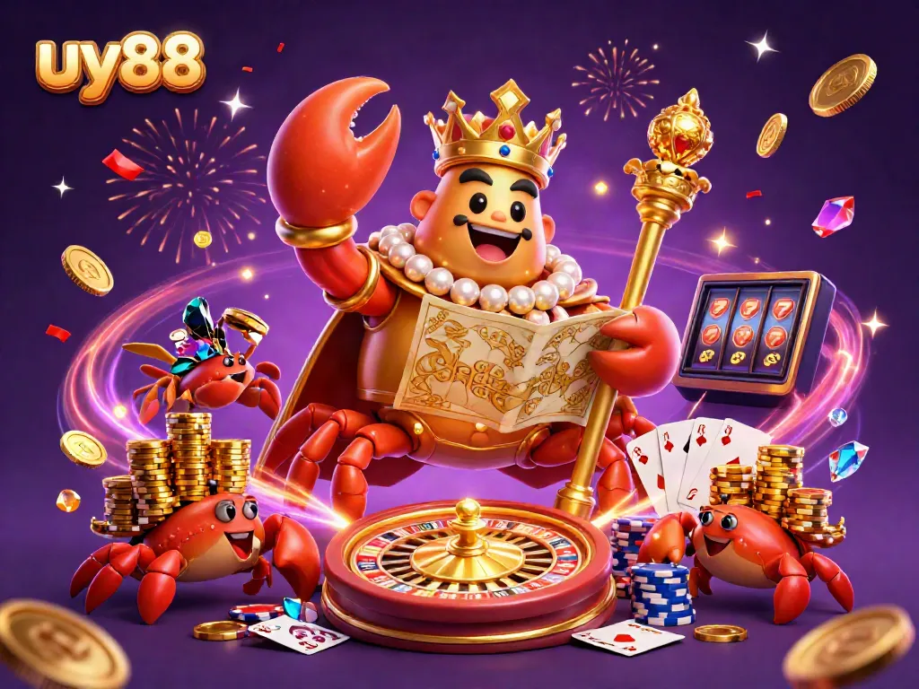 Experience exciting wins with uy88's golden crab emperor amidst a vibrant casino scene.