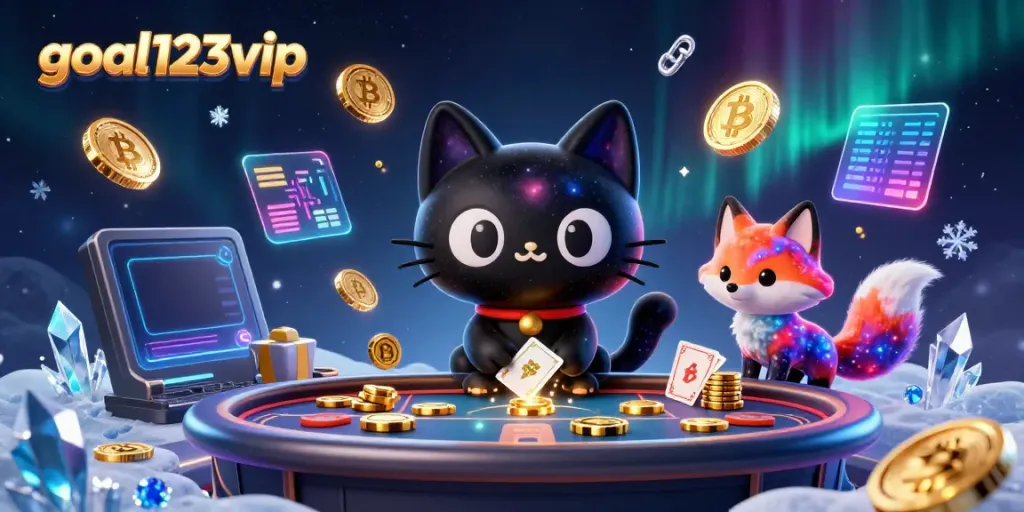 Engage with thrilling games at goal123vip's cosmic casino, featuring a black hole cat and fox.