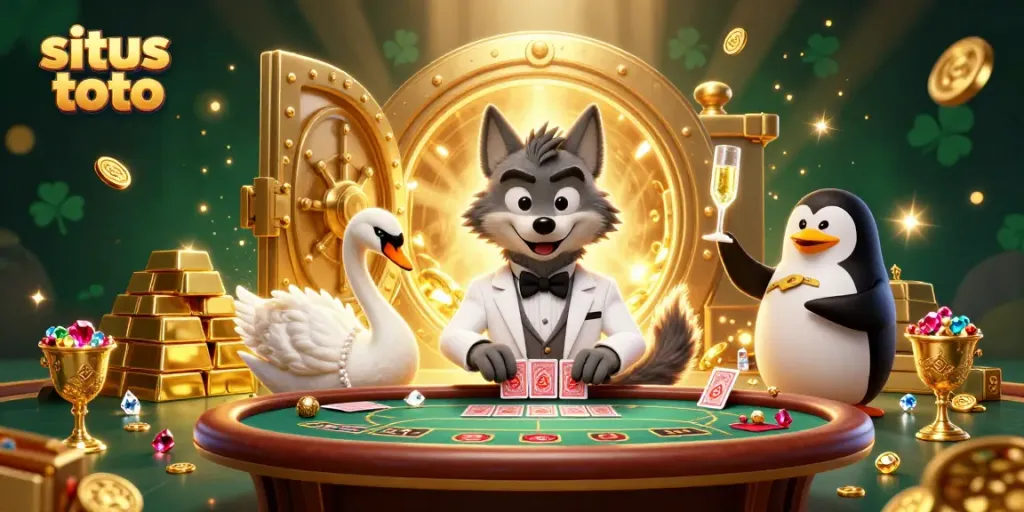 Gambarlah situs toto dengan karakter unik menikmati permainan kartu dan hadiah mewah.