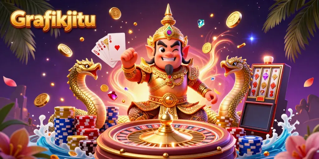 Engage in thrilling gameplay with Grafikjitu featuring a vibrant 3D illustration of temple guardian and Naga companions.