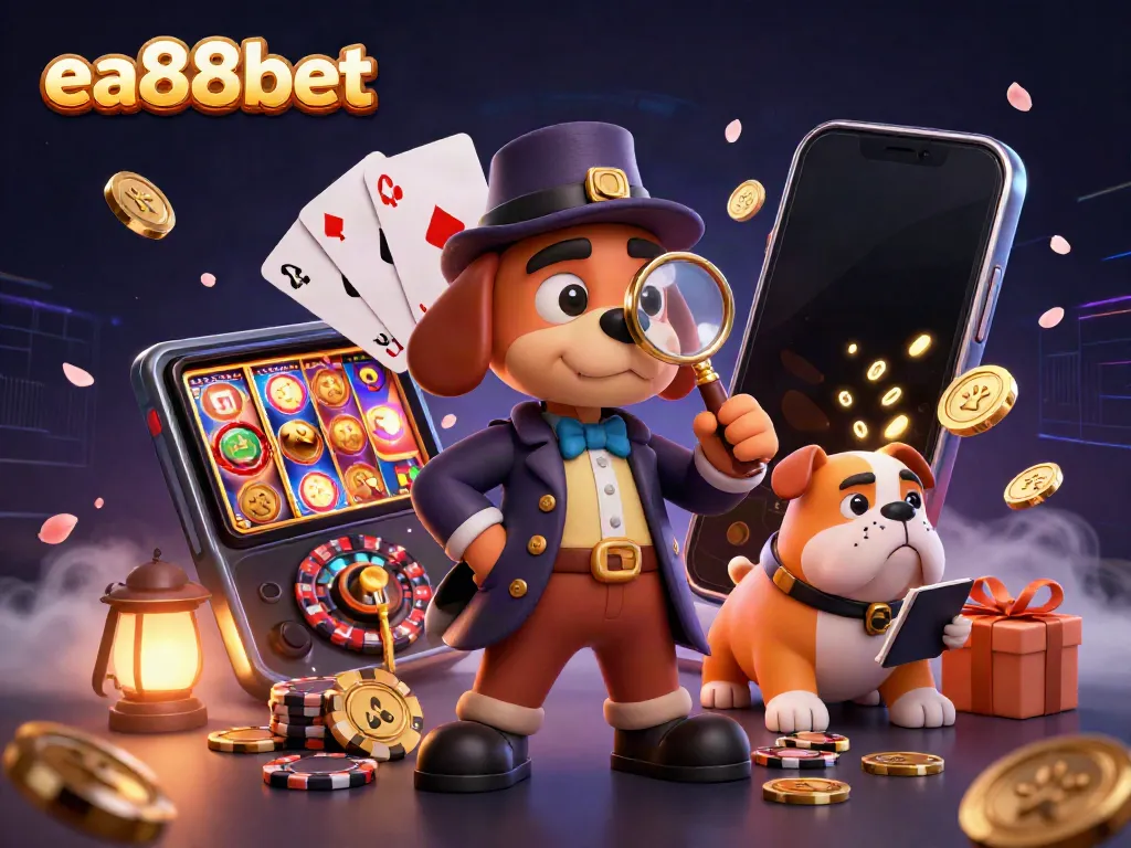 Engage with exciting gameplay at ea88bet, as a detective investigates a golden poker chip amidst rich casino elements.