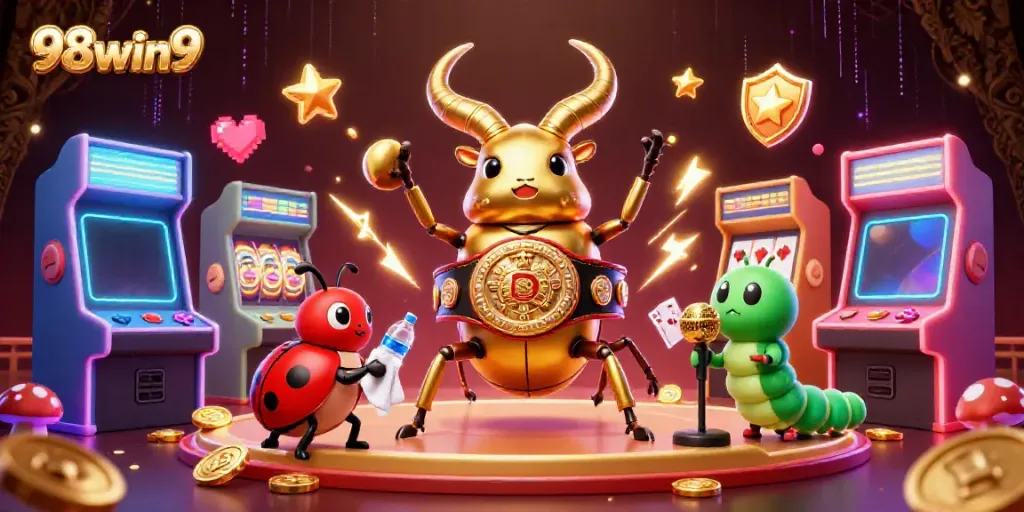 Experience the vibrant world of 98win9 with a dynamic 3D casino design featuring a giant golden stag beetle champion.