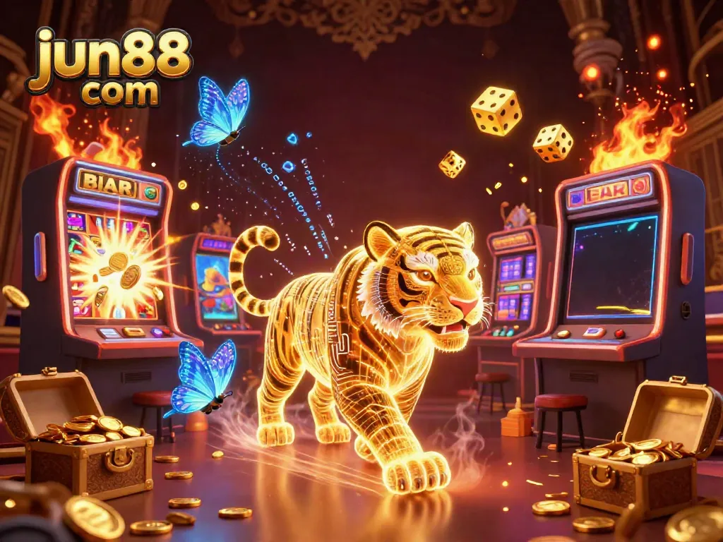 Experience the thrill of jun88 com with a vibrant 3D casino scene featuring a golden tiger and slot machines.