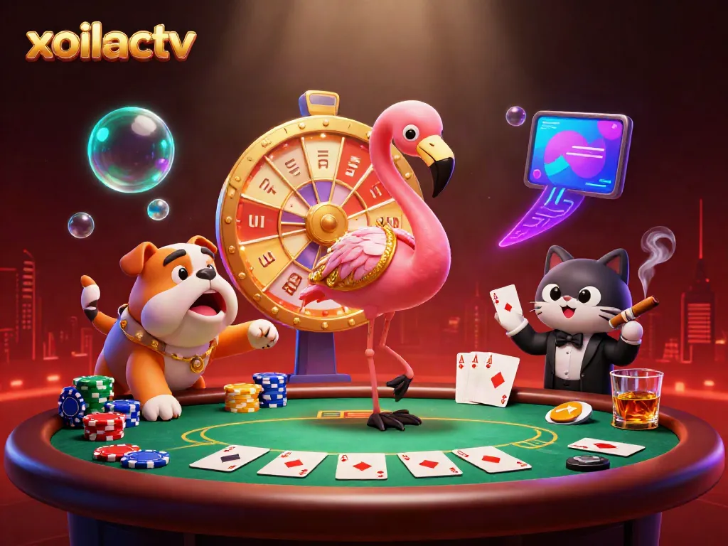 Xoilactv showcases an exciting gambling scene with a game show host flamingo, bulldog contestant, and scoreboard cat assistant.