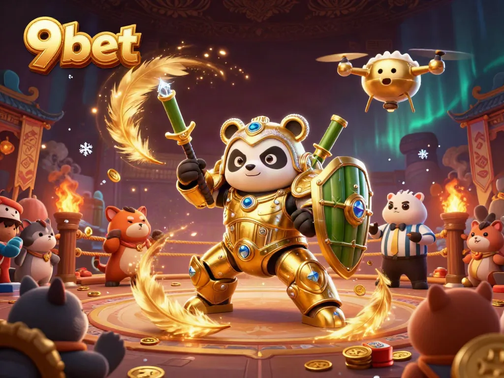 Experience thrilling gameplay at 9bet with a mech-suit panda in a vibrant casino arena.