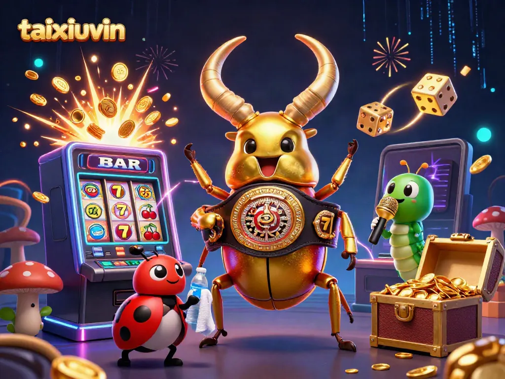 Experience taixiuvin's thrilling jackpot scene with a giant beetle, ladybug, and caterpillar amidst explosive casino elements.
