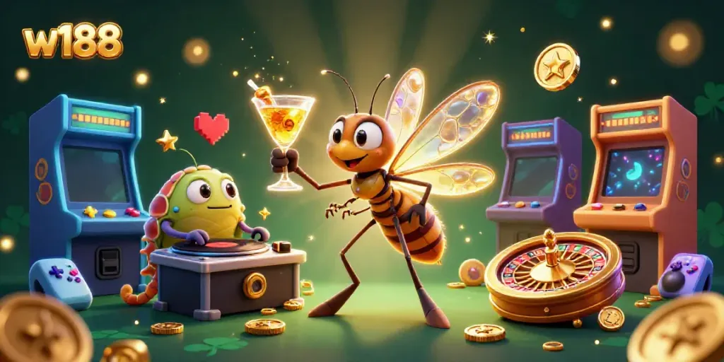 Experience the excitement of w188 with a lively casino mascot scene featuring gaming elements and a festive atmosphere.