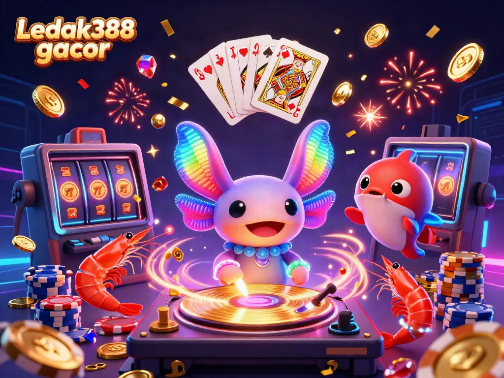 Experience the thrill of gaming with Ledak388 gacor as vibrant characters spin fortunes in a lively casino scene.