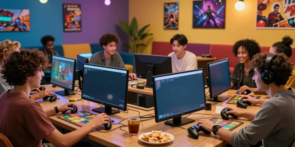Kilat404 gaming scene with diverse friends enjoying digital board games in a vibrant lounge